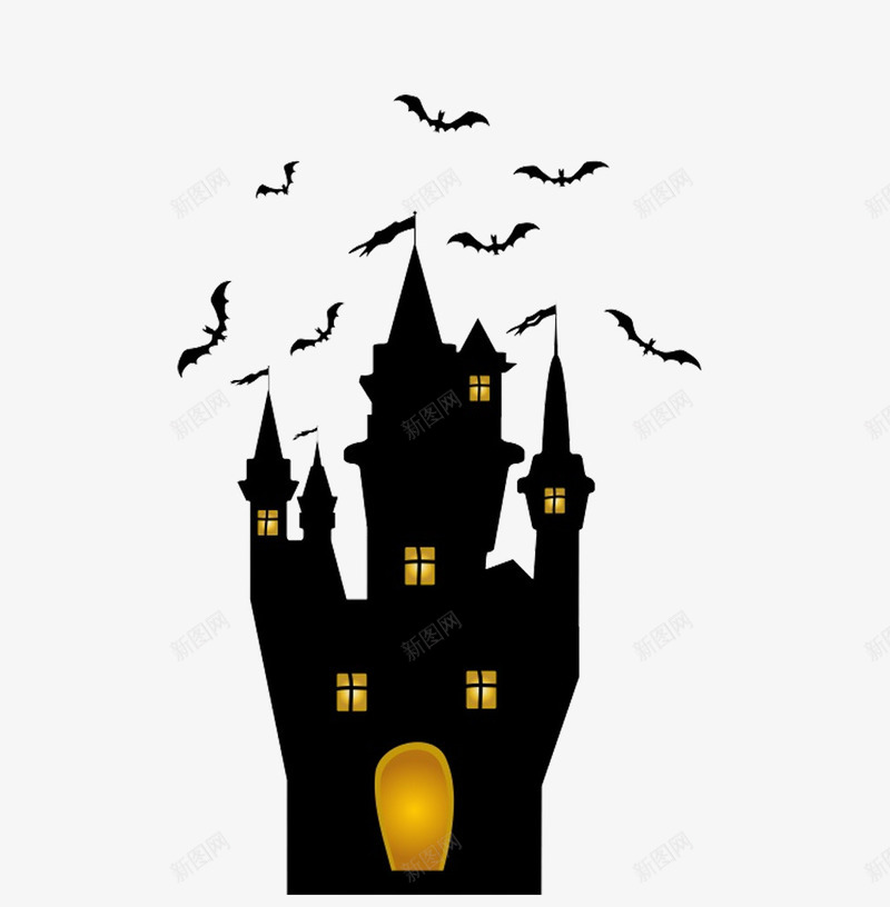 万圣节房屋png免抠素材_新图网 https://ixintu.com 剪影 房屋 手绘 灯光 简图 翅膀 蝙蝠 黄色的 黑色的