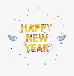 祝福用语插图卡通带翅膀的新年快乐英文字高清图片