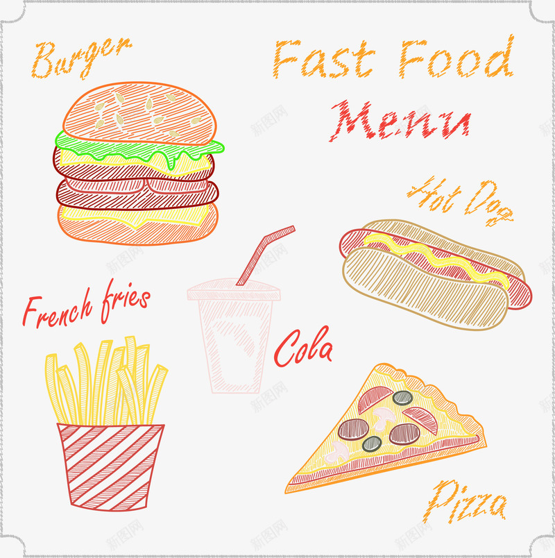 手绘快餐矢量图ai免抠素材_新图网 https://ixintu.com 垃圾食品 快餐 汉堡 英文 矢量图