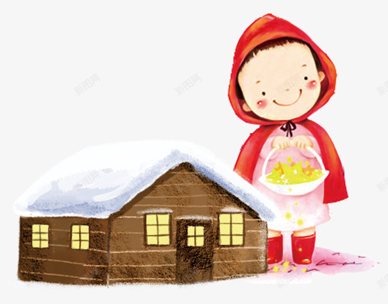 卡通小红帽装饰图案png免抠素材_新图网 https://ixintu.com 下雪 冬天 卡通手绘 孩子 小红帽 房屋 装饰图案