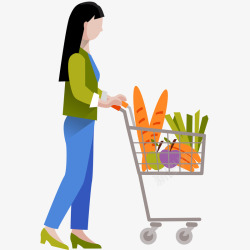 超级市场女士推着购物车插画矢量图高清图片