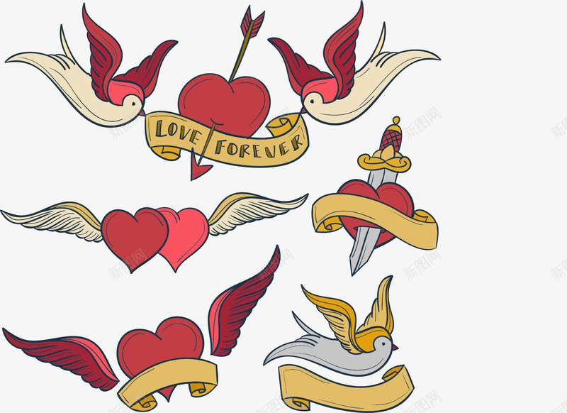 手绘心形纹身图案png免抠素材_新图网 https://ixintu.com 复古 带翅膀的心 心形图案 手绘 纹身图案