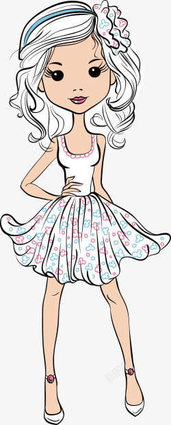 穿花瓣裙的女孩手绘卡通时尚穿花裙戴头花女孩设矢量图高清图片