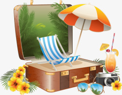 打开的行李箱夏日沙滩行李箱遮阳伞矢量图高清图片