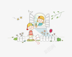 卡通花园设计卡通窗边小男孩小女孩元素高清图片