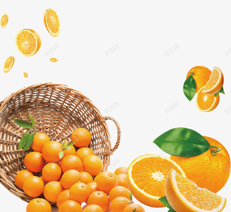 编制篮子里的橙子psd免抠素材_新图网 https://ixintu.com 切开的橙子 新鲜水果 水果 编制篮子 里的橙子 黄色橙子