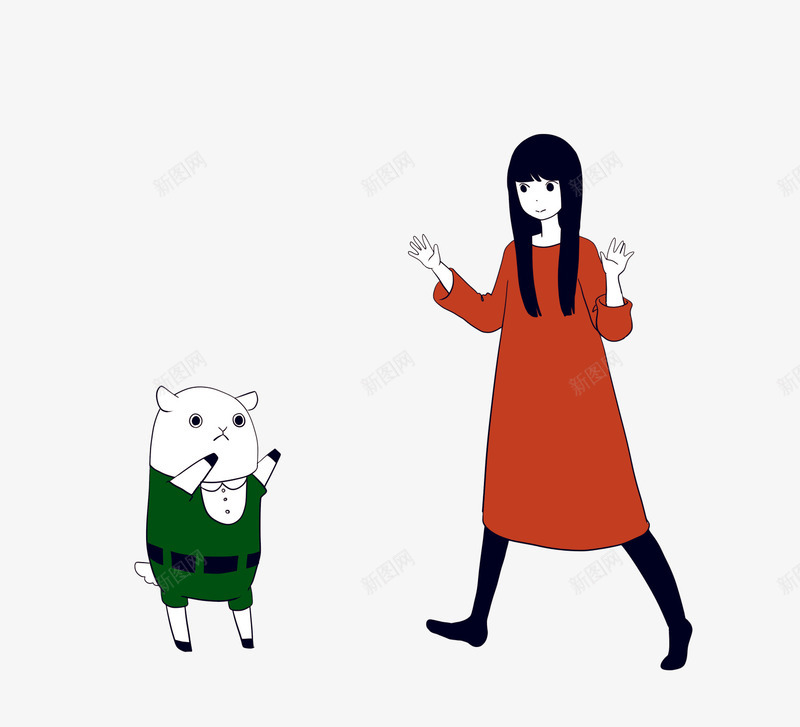 红衣服女孩与小猪人png免抠素材_新图网 https://ixintu.com 女孩 插画 猪人 红衣服