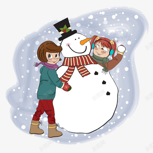 卡通孩子堆雪人png免抠素材_新图网 https://ixintu.com 下雪 免抠雪人 卡通 孩子堆雪人 雪花 高兴的孩子