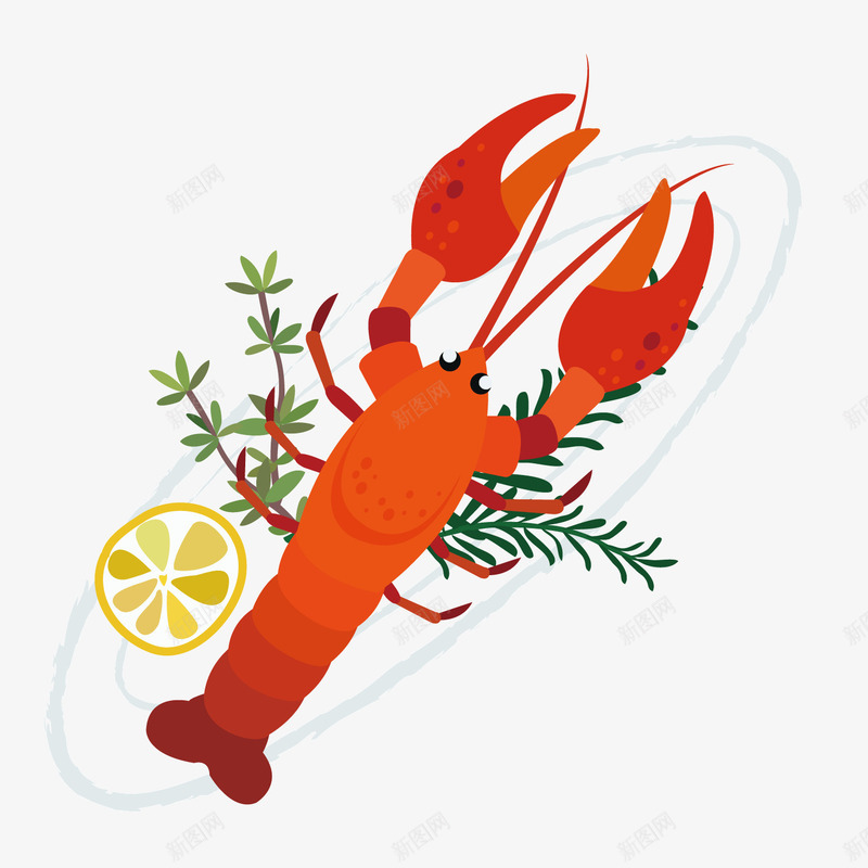 红色大虾png免抠素材_新图网 https://ixintu.com 吃的 大虾 柠檬 点缀 红色 美食 菜叶 食物