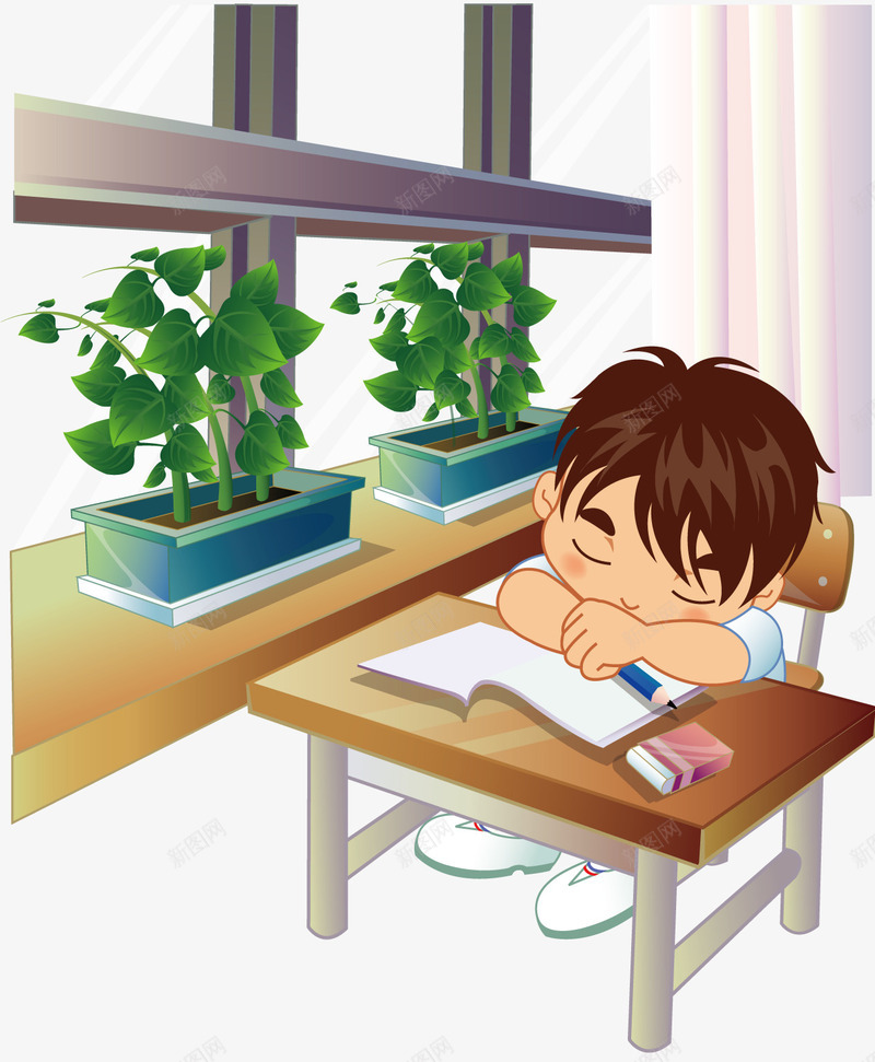 趴在桌子上睡着png免抠素材_新图网 https://ixintu.com 卡通男孩 植物 睡觉的宝宝 矢量素材 趴着睡觉