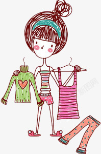 挑衣服PNG卡通手绘挑衣服的女孩高清图片