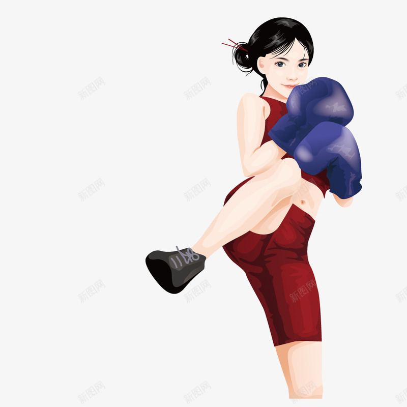 人物插画矢量图eps免抠素材_新图网 https://ixintu.com 人物插画少女拳击 拳击的少女 用脚踢的女人 穿红衣服的拳击女孩 矢量图