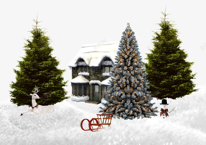 雪地里的房子和松树png免抠素材_新图网 https://ixintu.com 冬天 房子 松树 雪地
