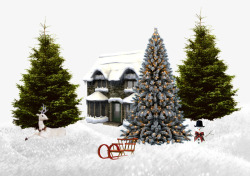 雪地里的房子和松树素材