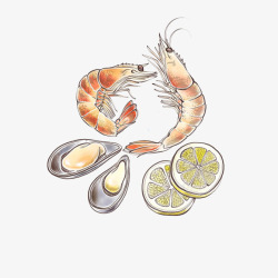 手绘鲍鱼大海虾与鲍鱼海鲜餐高清图片
