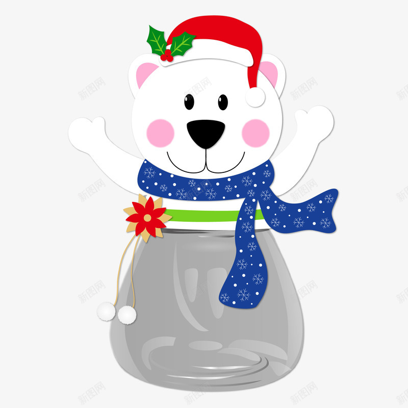 卡通圣诞白熊糖果罐png免抠素材_新图网 https://ixintu.com 卡通白熊 圣诞帽子 圣诞节 糖果罐 红色 节日 蓝色围巾