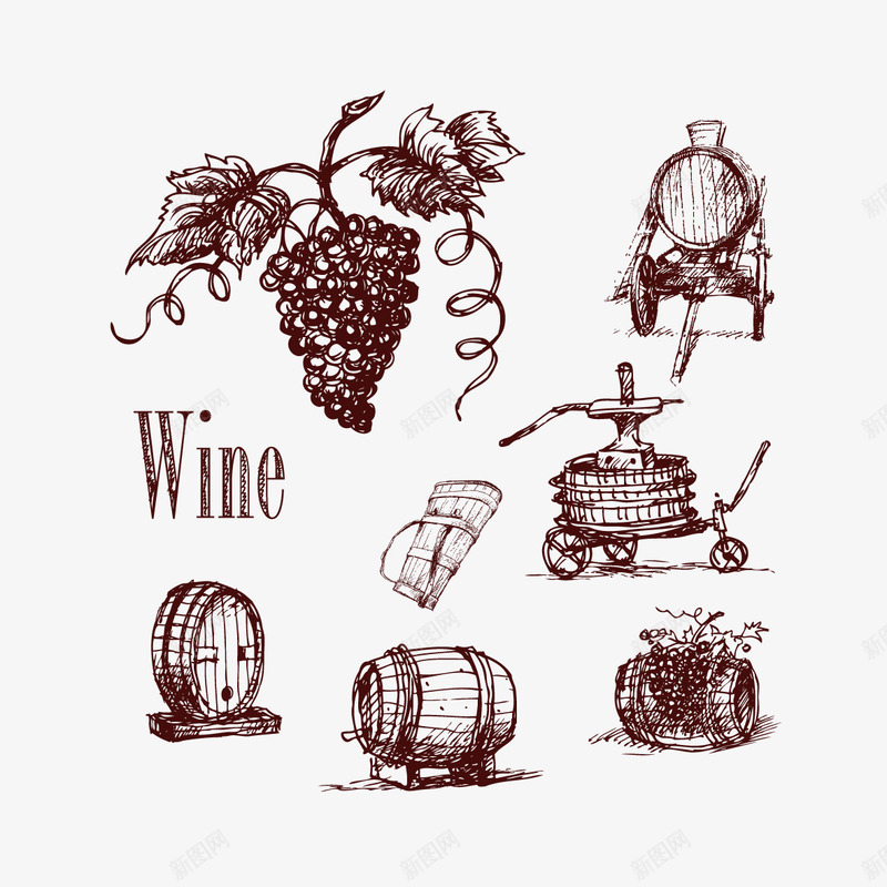 葡萄和酒桶png免抠素材_新图网 https://ixintu.com 手绘画 矢量葡萄 葡萄 酒桶