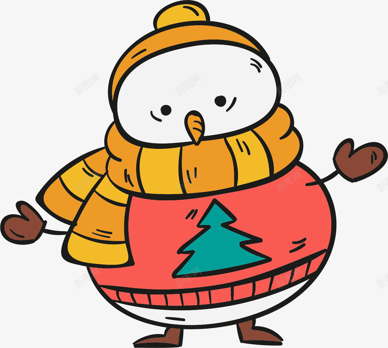 穿衣服的雪人png免抠素材_新图网 https://ixintu.com 创意 卡通 围脖 手绘 松树 毛衣 红色 绿色 雪人