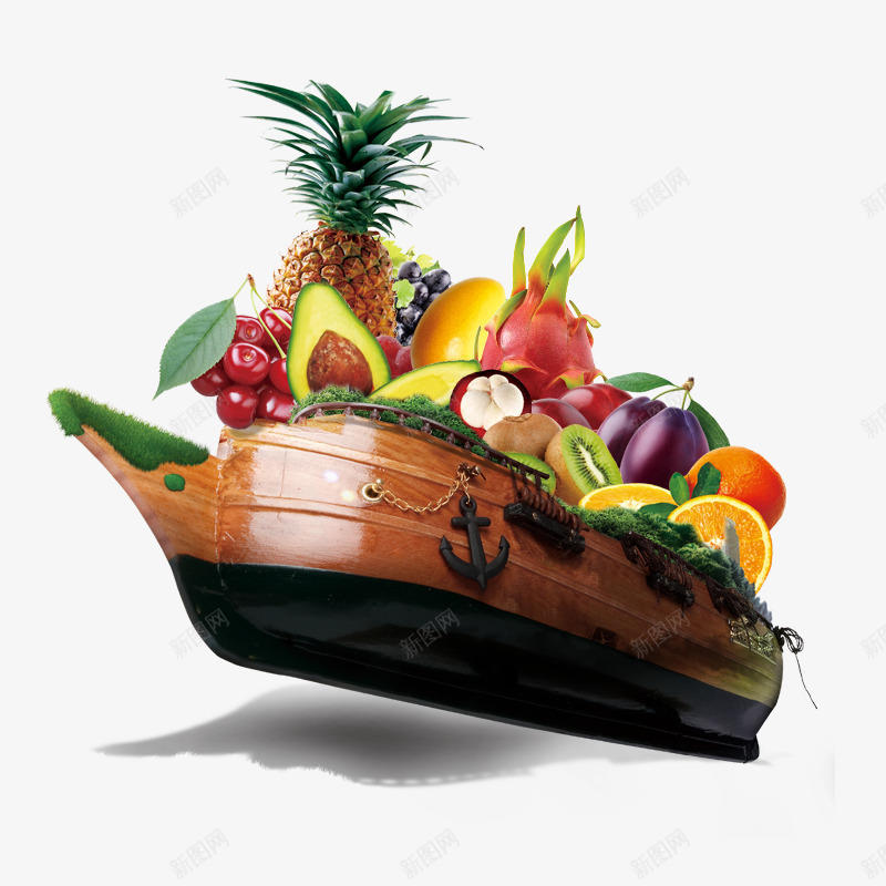 新鲜水果船png免抠素材_新图网 https://ixintu.com 小木船 新鲜水果 有机水果 木船 火龙果 菠萝 褐色 餐桌水果