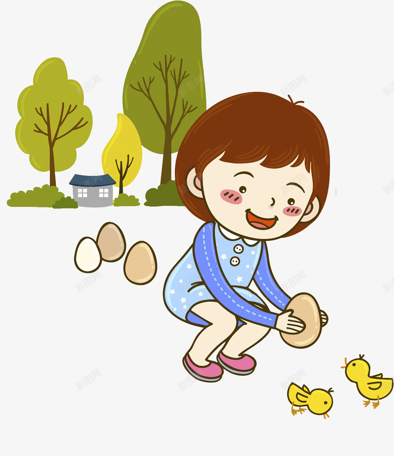 捡鸡蛋的女孩png免抠素材_新图网 https://ixintu.com 卡通 可爱的 大树 小女孩 小鸡 漂亮的 鸡蛋