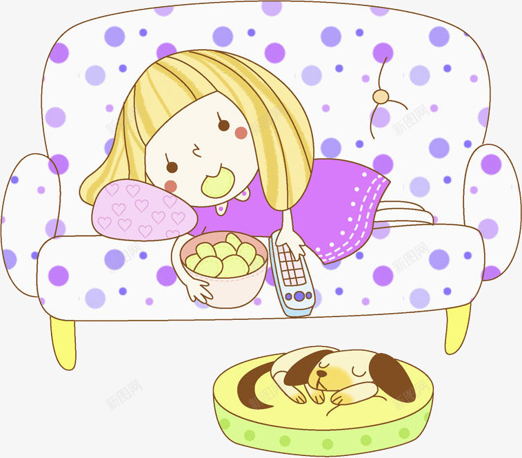 吃零食的女孩png免抠素材_新图网 https://ixintu.com 卡通 可爱的 吃零食女孩 小狗 悠闲地 插图 沙发 漂亮的 躺着的