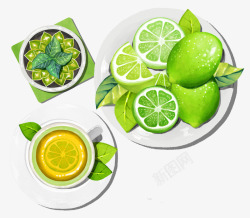 绿色百香果青柠檬插画高清图片
