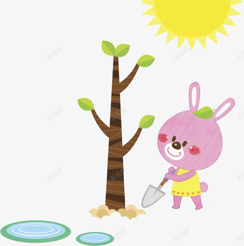 小兔植树png免抠素材_新图网 https://ixintu.com 卡通 可爱 太阳 小树 泥土 粉色小兔 铲子 黄色衣服