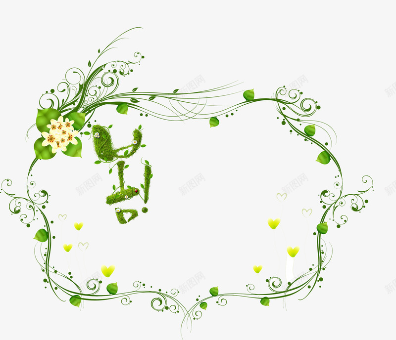 藤蔓边框png免抠素材_新图网 https://ixintu.com 枝条 白色的小野花 绿色的小叶子 花藤 黄色的爱心