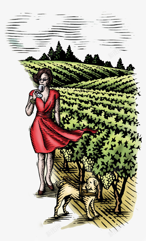 红酒庄园和红衣女人png免抠素材_新图网 https://ixintu.com 红衣女人 红酒庄园 葡萄园