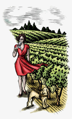 红酒庄园和红衣女人素材