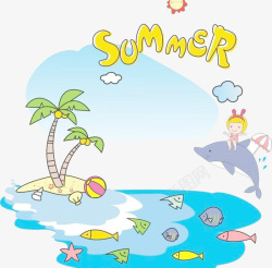 卡通小人骑鲸鱼夏天背景高清图片