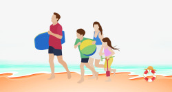海边图男卡通手绘夏日家人海边度假图高清图片