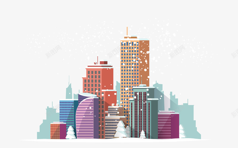 卡通下雪中的城市png免抠素材_新图网 https://ixintu.com 卡通建筑物 城市大楼 大楼大厦 背景装饰