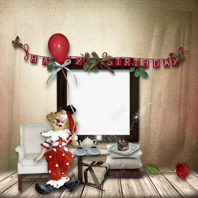 红色小丑相框png免抠素材_新图网 https://ixintu.com 小丑 气球 玫瑰花 相框素材 红色衣服