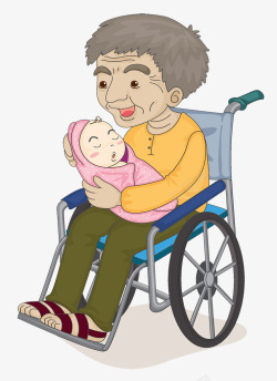 矢量宝宝抱着布偶卡通坐在轮椅上的老人抱着小宝宝高清图片