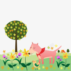野外嗅花的宠物狗插画矢量图素材