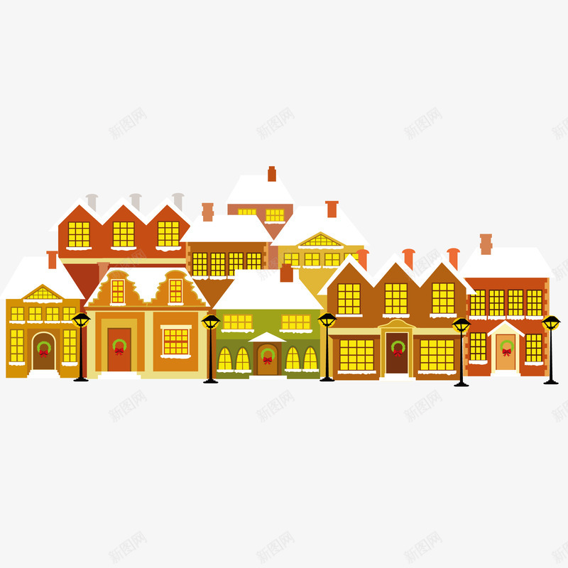 一排房子png免抠素材_新图网 https://ixintu.com 下雪下的房子 亮灯的房子 卡通房子 房子
