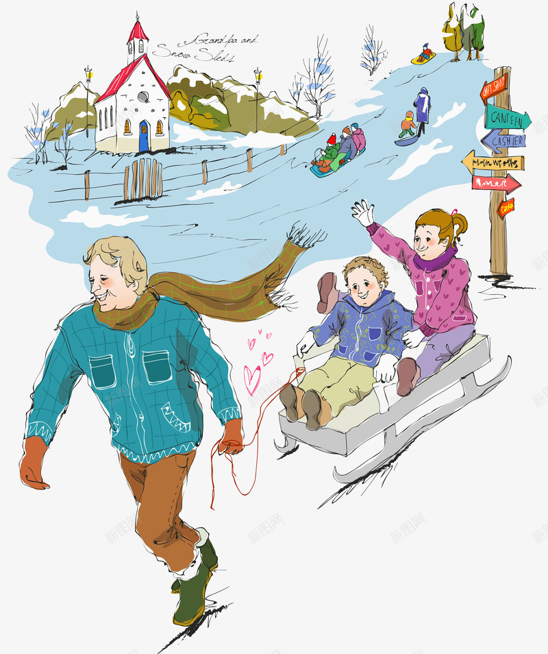 卡通滑雪运动海报插画png免抠素材_新图网 https://ixintu.com 下雪 体育 卡通 建筑 插画 海报 滑雪 运动 雪橇