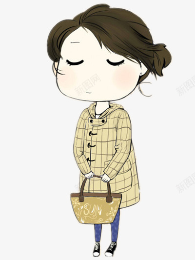 拿着包包穿着格子衣服的女孩png免抠素材_新图网 https://ixintu.com 可爱 墙纸 小清新 插画
