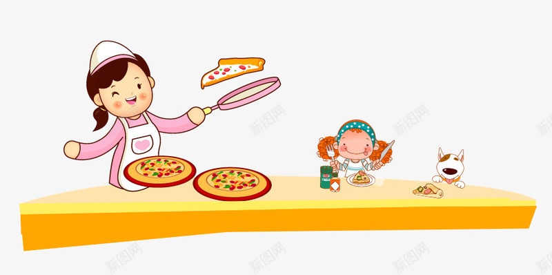 卡通可爱妈妈做披萨psd免抠素材_新图网 https://ixintu.com 卡通 可爱 小人 披萨 桌子 狗