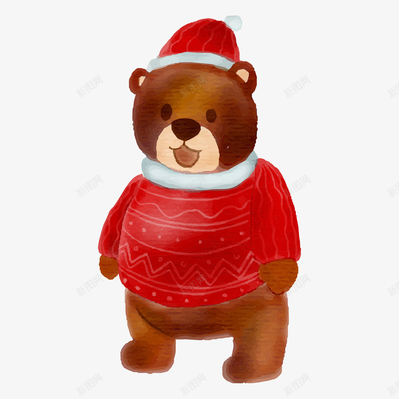 卡通手绘圣诞小熊png免抠素材_新图网 https://ixintu.com 动物 圣诞帽子 圣诞节 棕熊 水彩 红色衣服 节日装饰