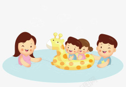 黄色鸭子泳圈正在游泳的一家人高清图片