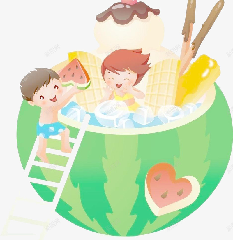 西瓜里的小人png免抠素材_新图网 https://ixintu.com 卡通 可爱 夏日水果 夏日背景 绿色