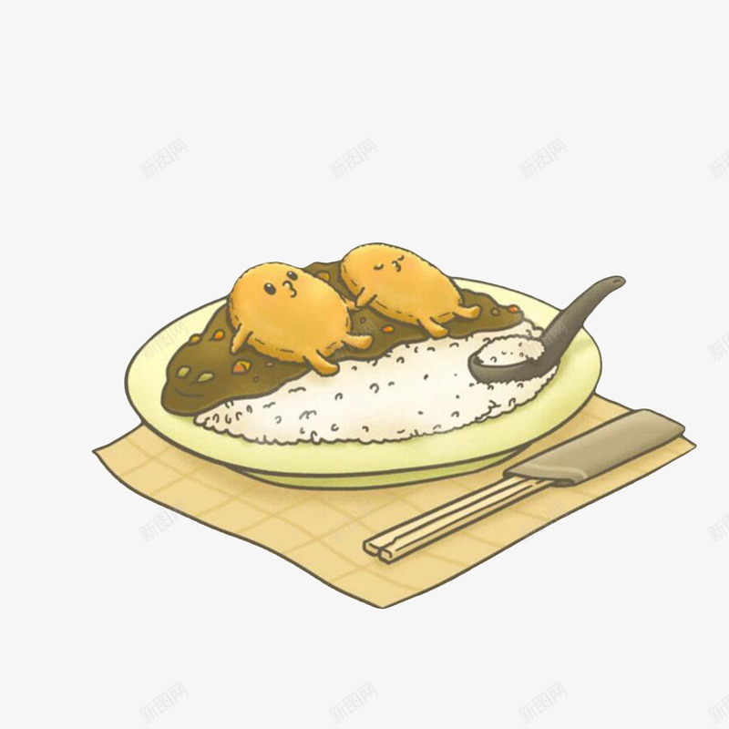 咖喱盖饭可爱卡通画风png免抠素材_新图网 https://ixintu.com 勺子 印度咖喱 咖喱盖饭 筷子 躺着的鸡蛋小人