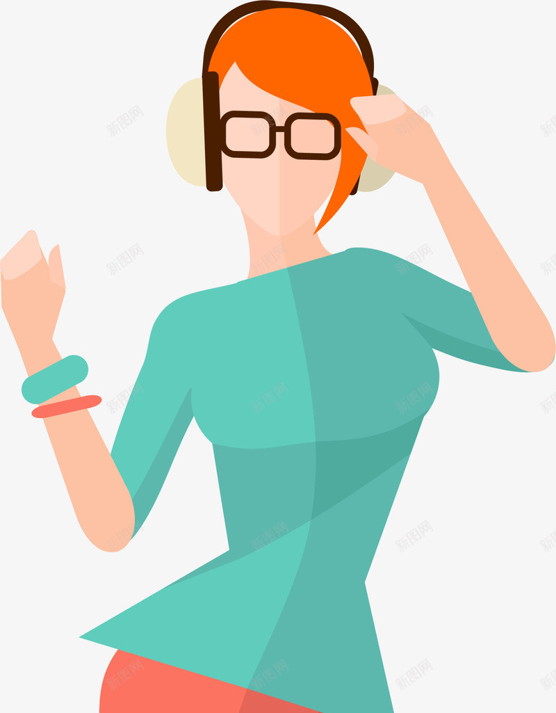 戴着耳机的女人插画png免抠素材_新图网 https://ixintu.com 人物插画 听歌 女人插画 戴着耳机 绿色衣服 美丽女人