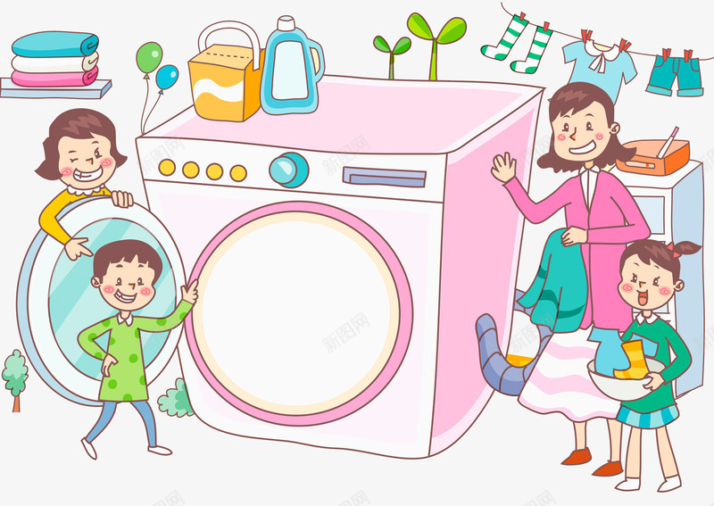 卡通洗衣机png免抠素材_新图网 https://ixintu.com 女孩 妈妈 彩色 手绘 洗衣机 男孩 衣服 衣架