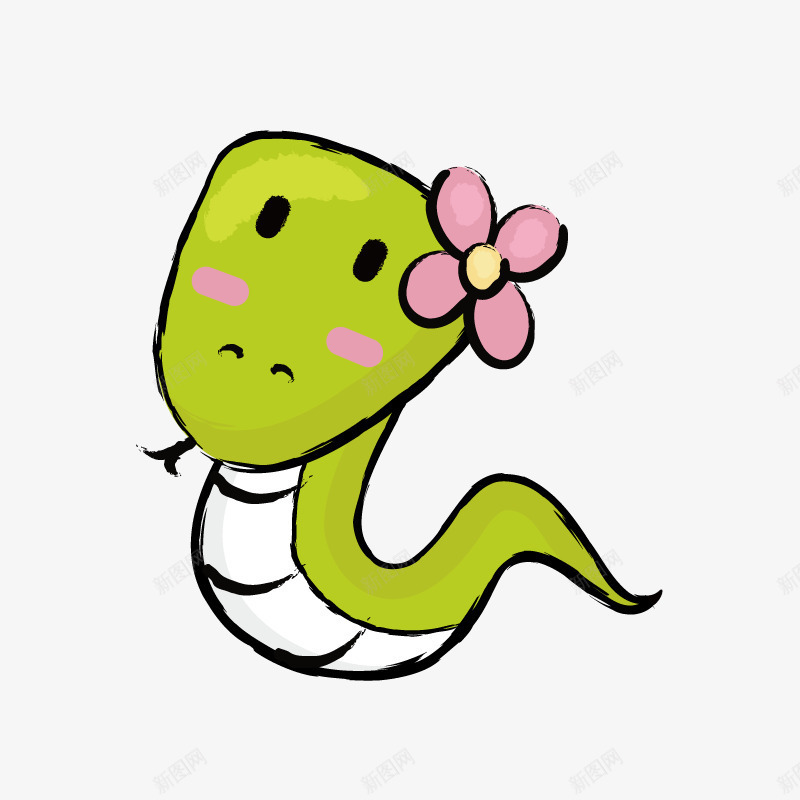 绿色戴花的卡通小蛇png免抠素材_新图网 https://ixintu.com 小蛇 漂亮的 爬行动物 简图 绿色小蛇 花朵 装饰