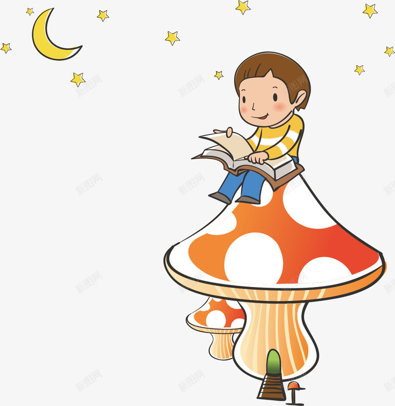 坐在蘑菇上看书的小男孩png免抠素材_新图网 https://ixintu.com 星星 晚上 月亮 男孩 看书 蘑菇