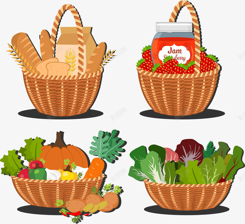蔬菜食物png免抠素材_新图网 https://ixintu.com 小麦 牛奶 生菜 白菜 篮子 草莓 草莓酱 蔬菜