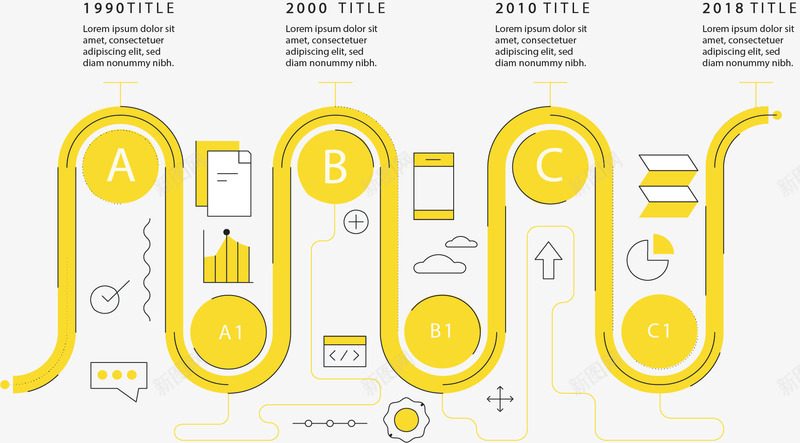 黄色弯道流程图表矢量图ai免抠素材_新图网 https://ixintu.com 信息图表 时间轴 步骤图 流程图 矢量png 黄色弯道 矢量图